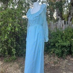 1970s Blue Ruffle Chiffon Dress